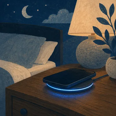 Glowing Wireless Charging Pad on Bedside Table
