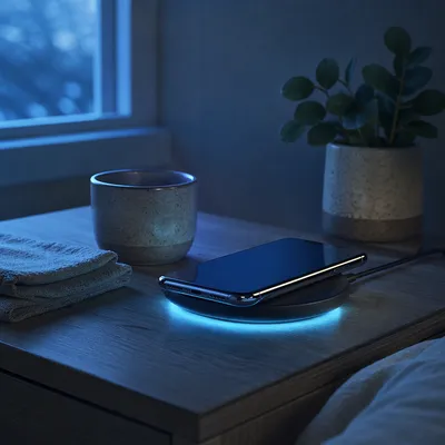 Glowing Wireless Charging Pad at Blue Hour