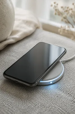 Glowing Wireless Phone Charging on Gray Fabric