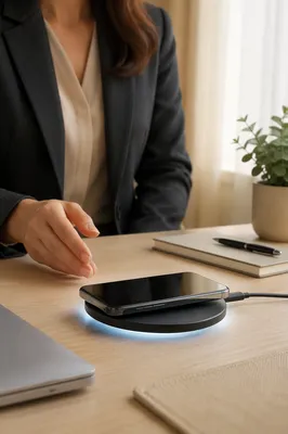 Glowing Wireless Charger on Modern Office Desk