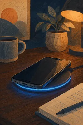Glowing Wireless Charging Phone on Walnut Desk
