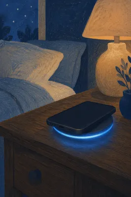 Glowing Wireless Charging Pad on Bedside Table