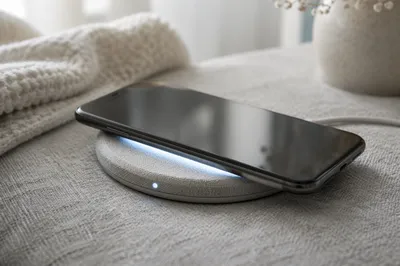 Glowing Wireless Phone Charger on Gray Fabric