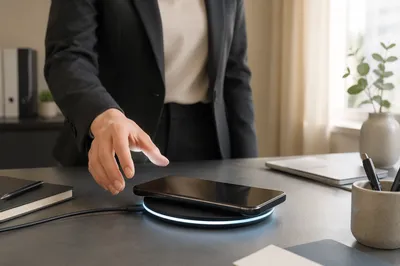 Glowing Wireless Charging Pad on Office Desk