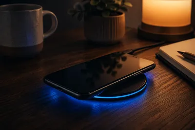 Glowing Wireless Charging Pad on Walnut Desk