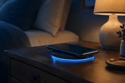 Glowing Wireless Charging Pad on Bedside Table