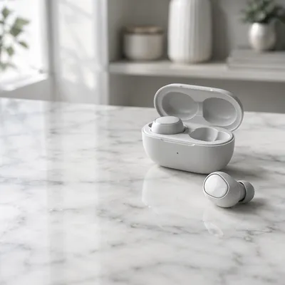 Minimal Wireless Earbuds on White Marble