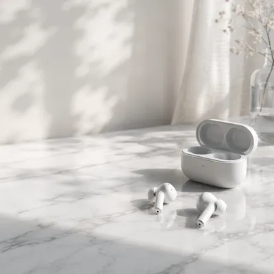 Minimal Wireless Earbuds on Marble Surface