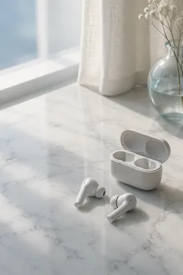 Minimal Wireless Earbuds on White Marble
