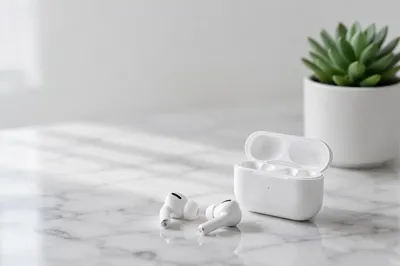 Minimal Wireless Earbuds on White Marble