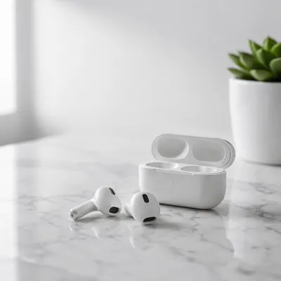 Minimal White Wireless Earbuds on Marble