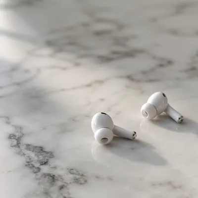 Minimal Wireless Earbuds on White Marble