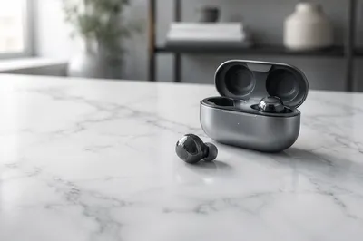 Minimal Wireless Earbuds on White Marble