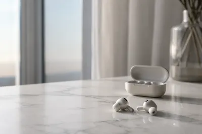 Minimal Wireless Earbuds on White Marble