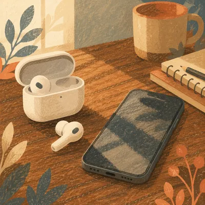 Wireless Earbuds and Phone Desk Still Life