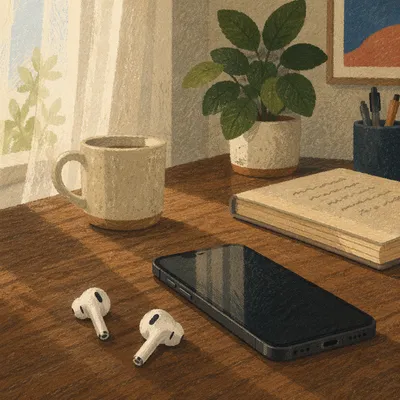 Wireless Earbuds and Phone on Walnut Desk
