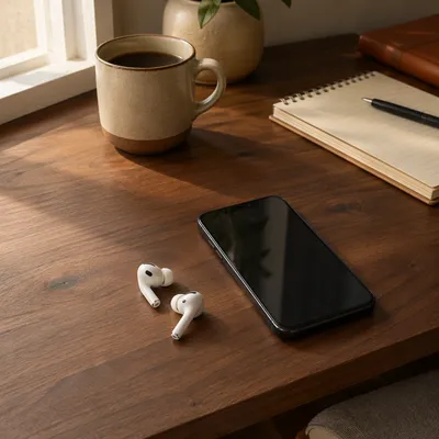 Wireless Earbuds and Phone on Walnut Desk