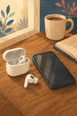 Wireless Earbuds and Phone Morning Desk Scene