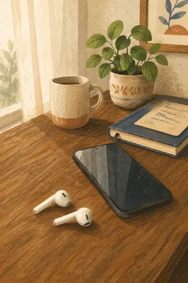 Wireless Earbuds and Phone on Walnut Desk
