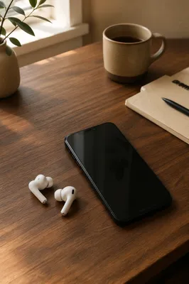 Wireless Earbuds and Phone on Walnut Desk
