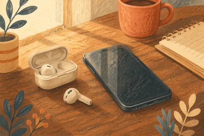 Wireless Earbuds and Smartphone Morning Desk