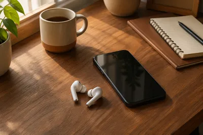 Wireless Earbuds and Phone on Walnut Desk