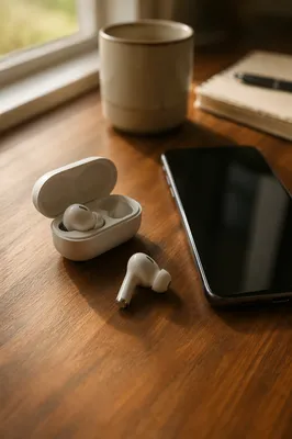 Wireless Earbuds and Smartphone on Wooden Desk