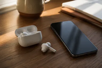 Wireless Earbuds and Smartphone on Wooden Desk