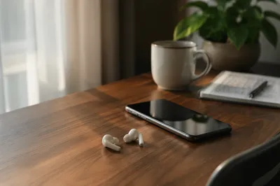 Wireless Earbuds and Smartphone on Walnut Desk