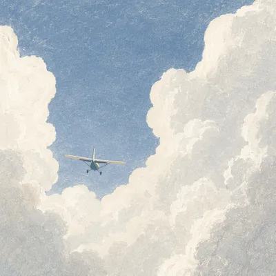Small Airplane Flying Through Sunlit Clouds