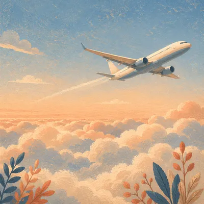 Airplane Above Sunrise Clouds in Golden Sky