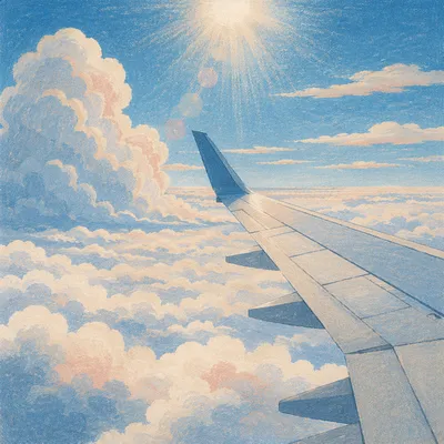 Peaceful Airplane Wing Above Sunlit Clouds
