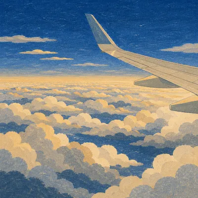 Airplane Wing Above Sunlit Cloudscape