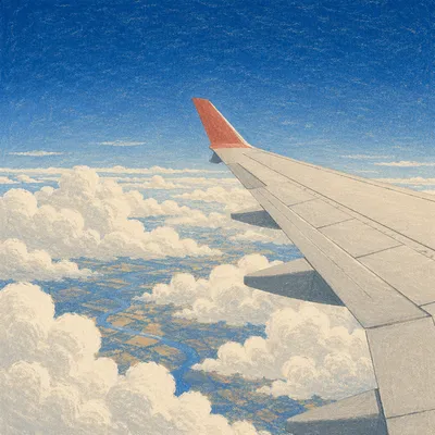 Airplane Wing Above Sunlit Clouds
