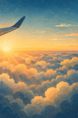 Airplane Window Above Golden Hour Clouds