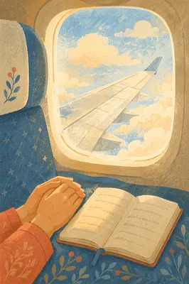 Prayerful Airplane Window Above Morning Clouds