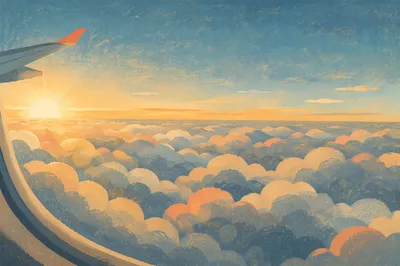 Golden Hour Airplane Window Above Clouds