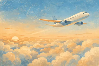 Passenger Airplane Above Sunrise Clouds