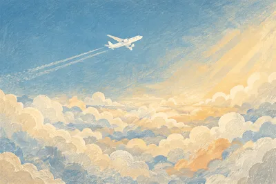 Airplane Above Sunlit Clouds in Blue Sky
