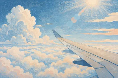 Peaceful Airplane Wing Above Sunlit Clouds