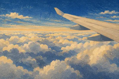 Airplane Wing Above Sunlit Cloudscape