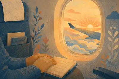 Peaceful Airplane Window Sunrise Above Clouds
