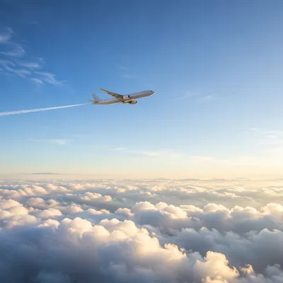 Passenger Airplane Above Sunlit Clouds