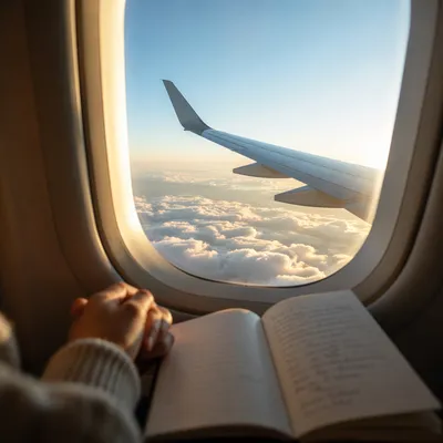 Serene Airplane Window Above Golden Clouds