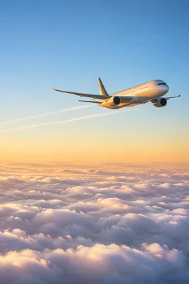 Passenger Airplane Above Morning Clouds
