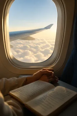 Prayerful Airplane Window Above Morning Clouds