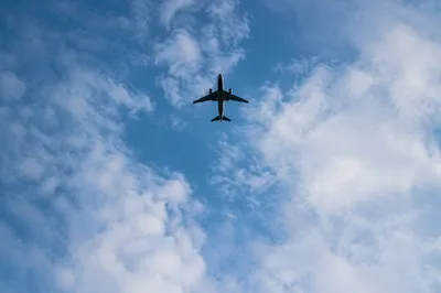 Airplane Silhouette Overhead in Blue Sky