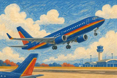 Airplane Taking Off Into Bright Blue Sky
