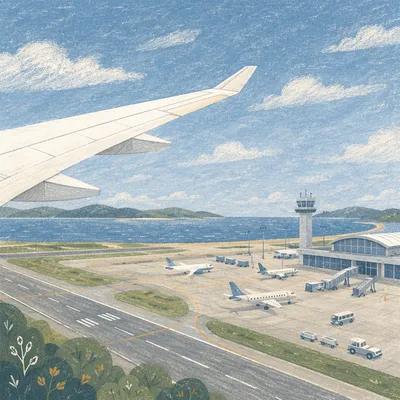 Airplane Wing View at Coastal Takeoff