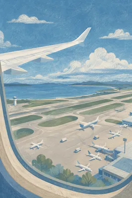 Airplane Wing Takeoff Over Coastal Runway